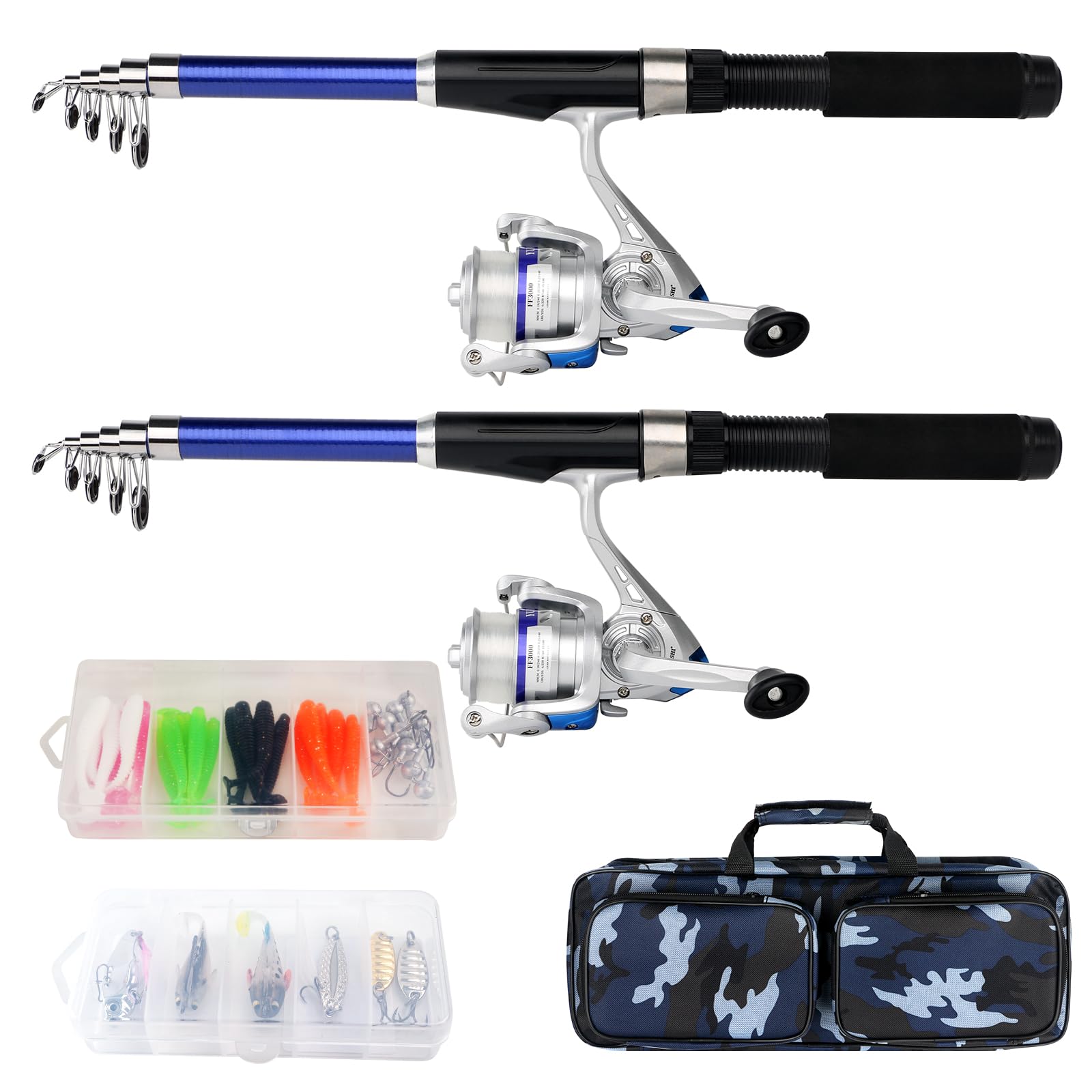 2-piece 6.89ft telescopic fishing rod with spinning reel in starter kit