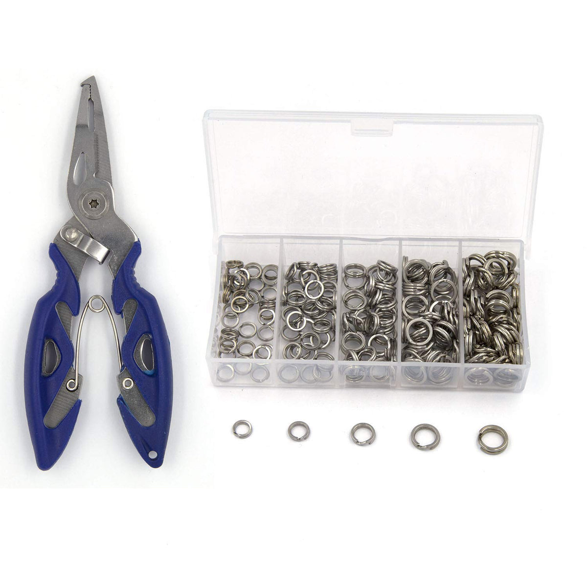 Pack of 201 stainless steel fishing split rings in five sizes