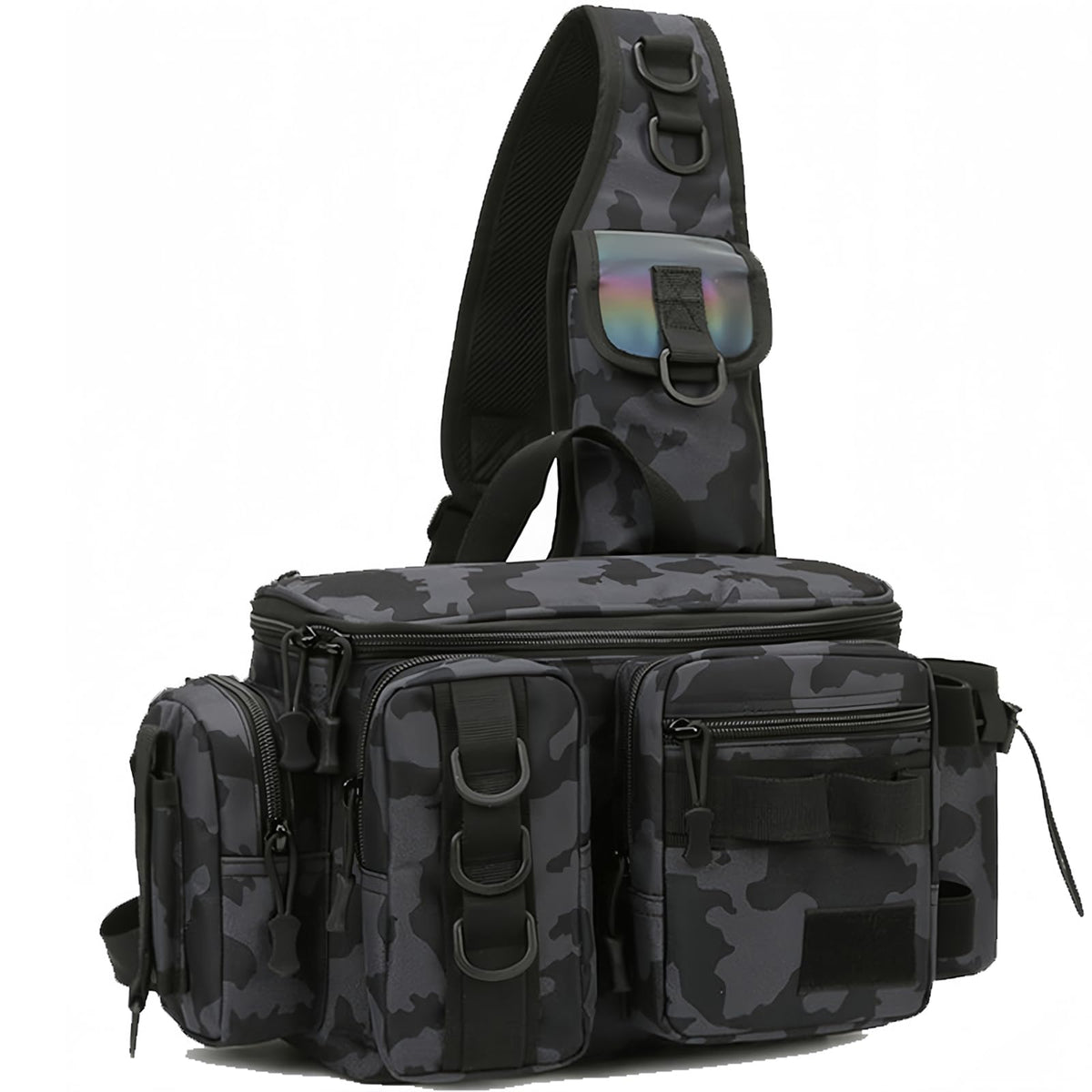 Front view of waterproof Fishing Tackle Backpack with rod holders
