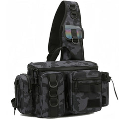 Front view of waterproof Fishing Tackle Backpack with rod holders