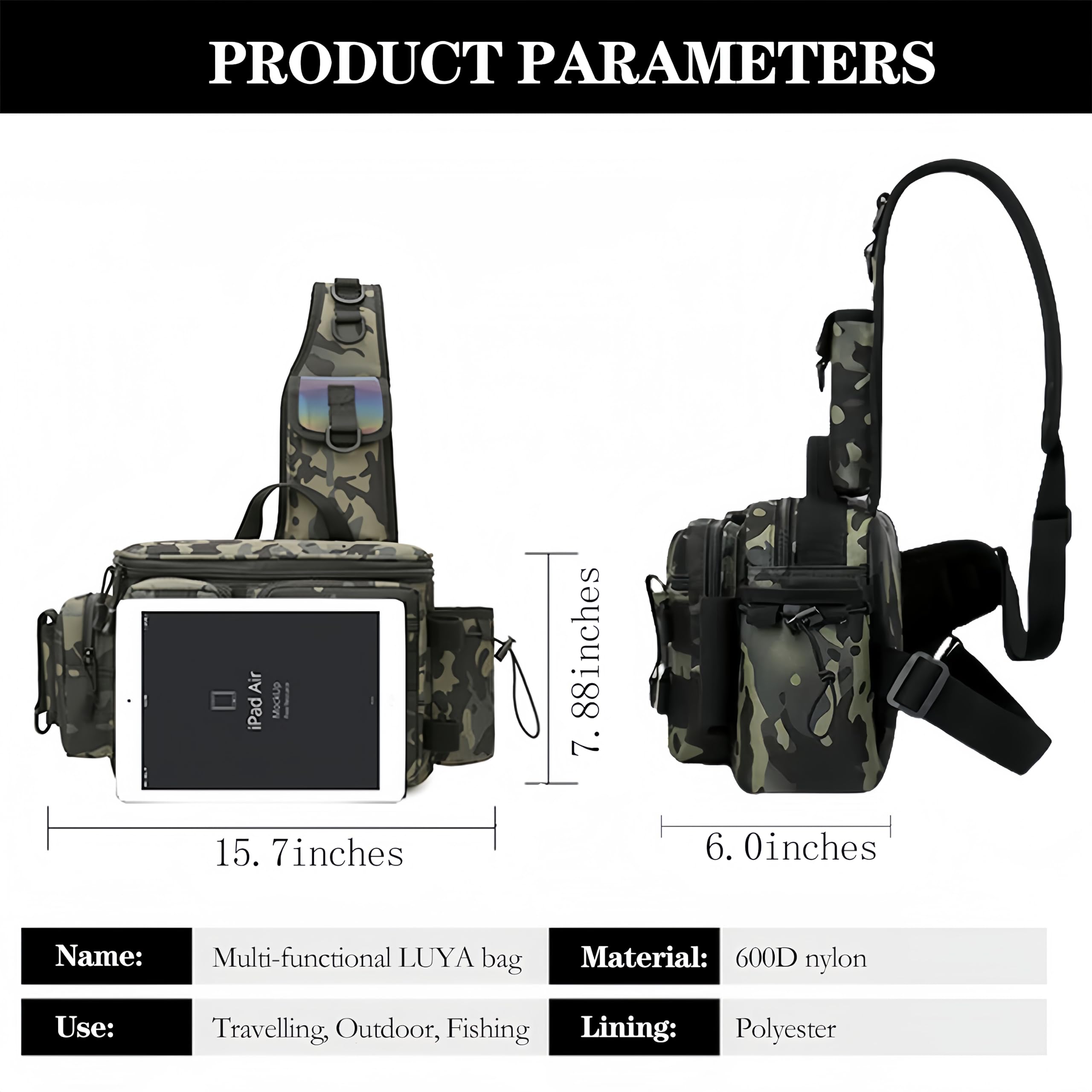 Side view showing rod holders and adjustable straps