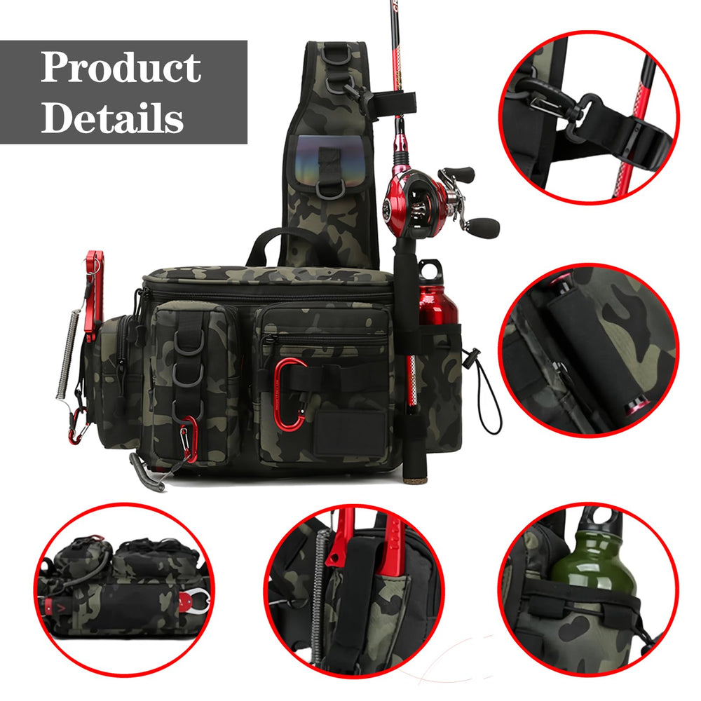 Open main compartment with tackle boxes and gear