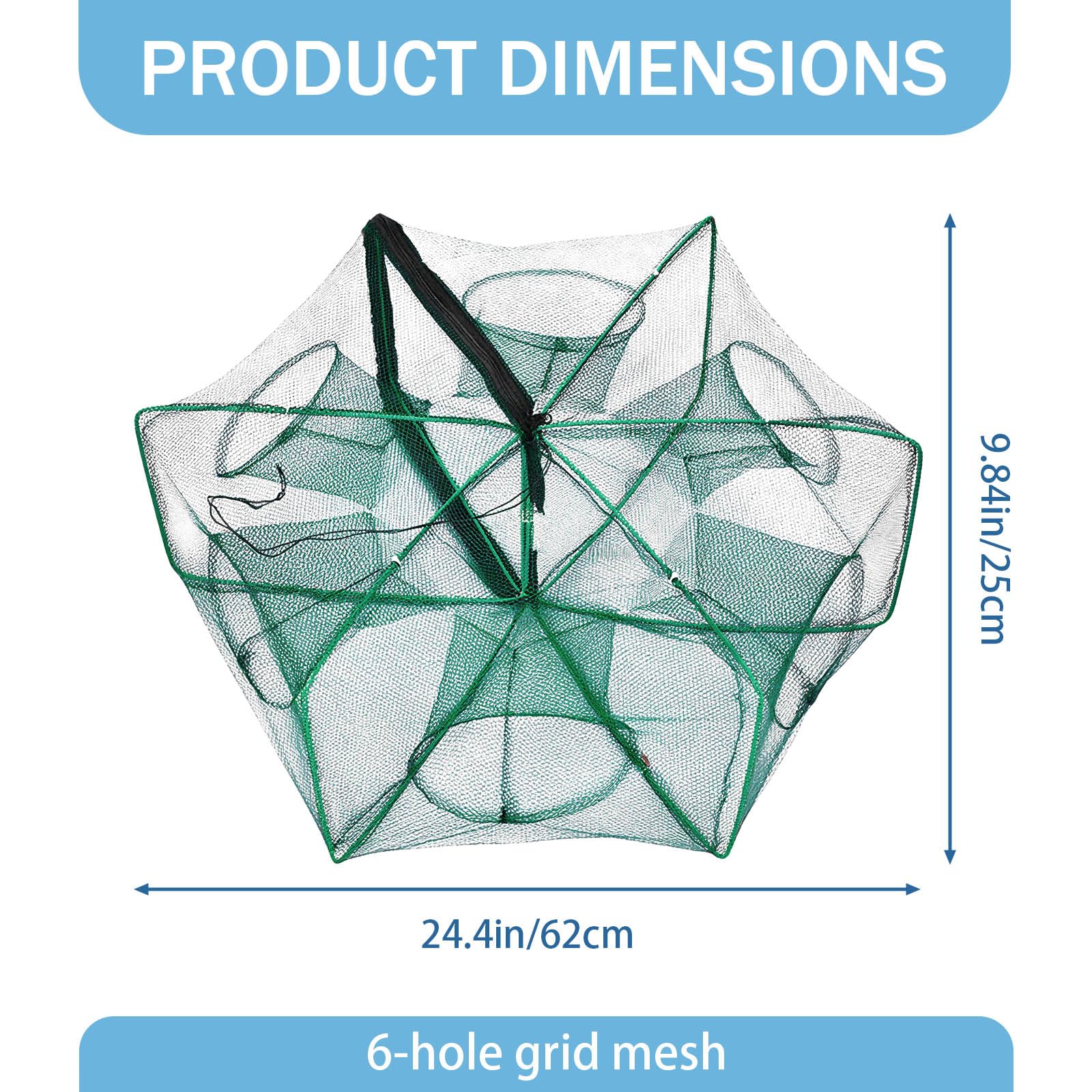 Foldable green fishing trap with zipper and 6 holes