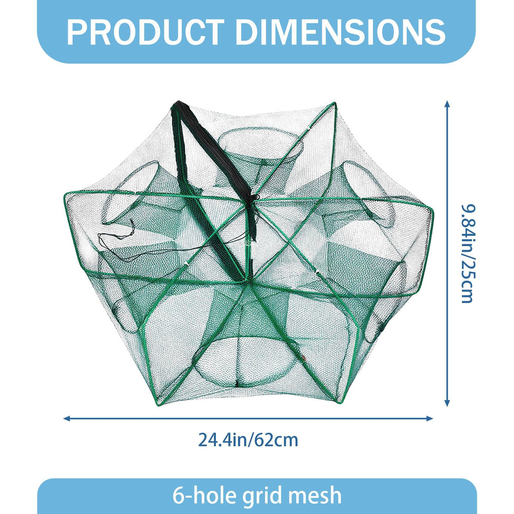 Foldable green fishing trap with zipper and 6 holes