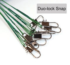 Close-up of 18 inch length and 45lb test on nylon-coated leaders