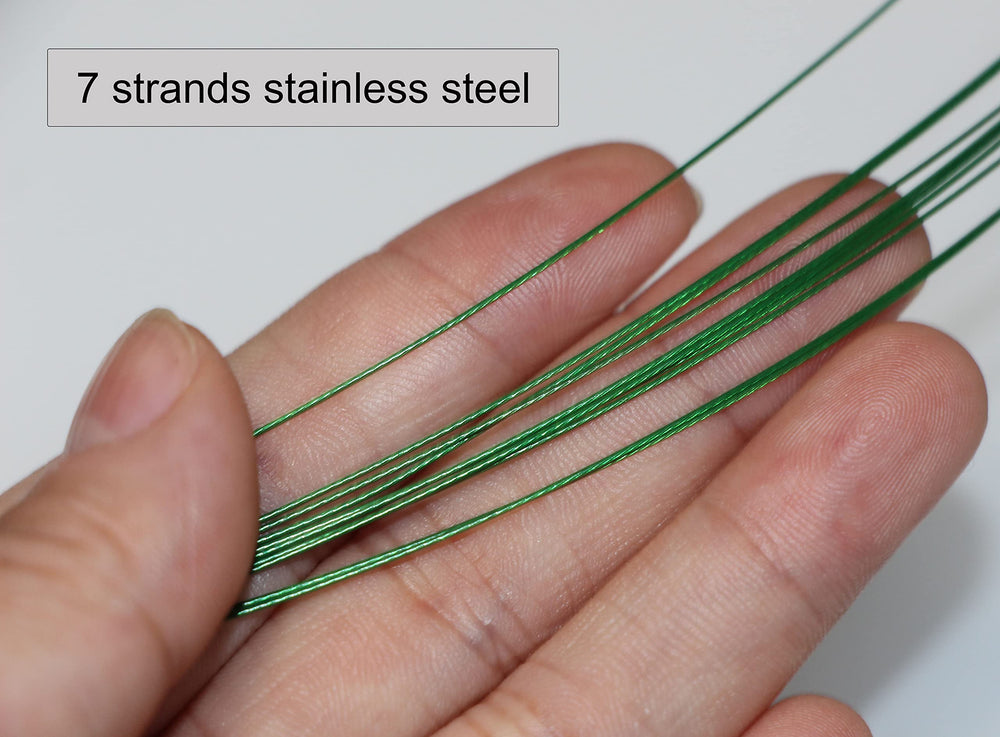 Green nylon-coated stainless steel fishing leaders with swivels and snaps