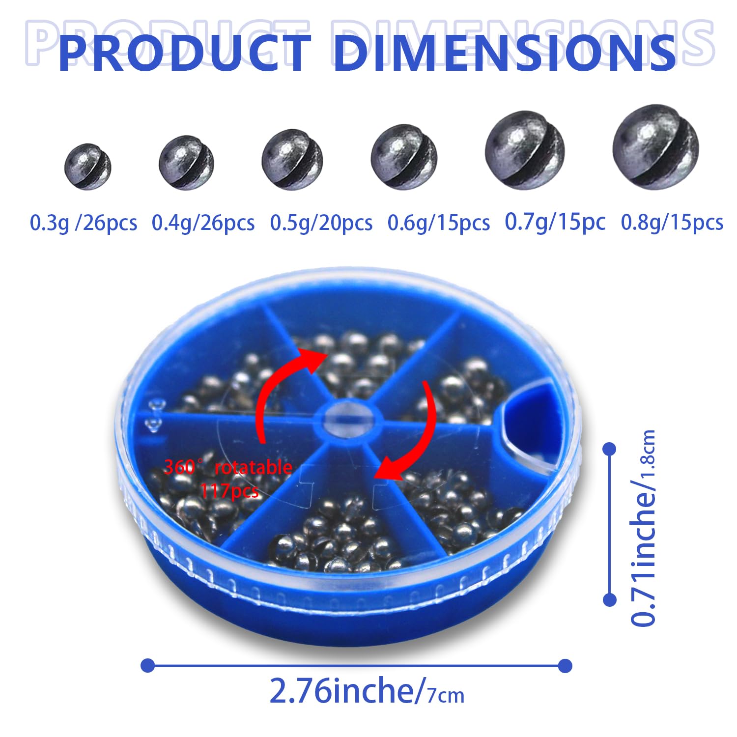 Display of weight sizes from 0.3g to 0.8g