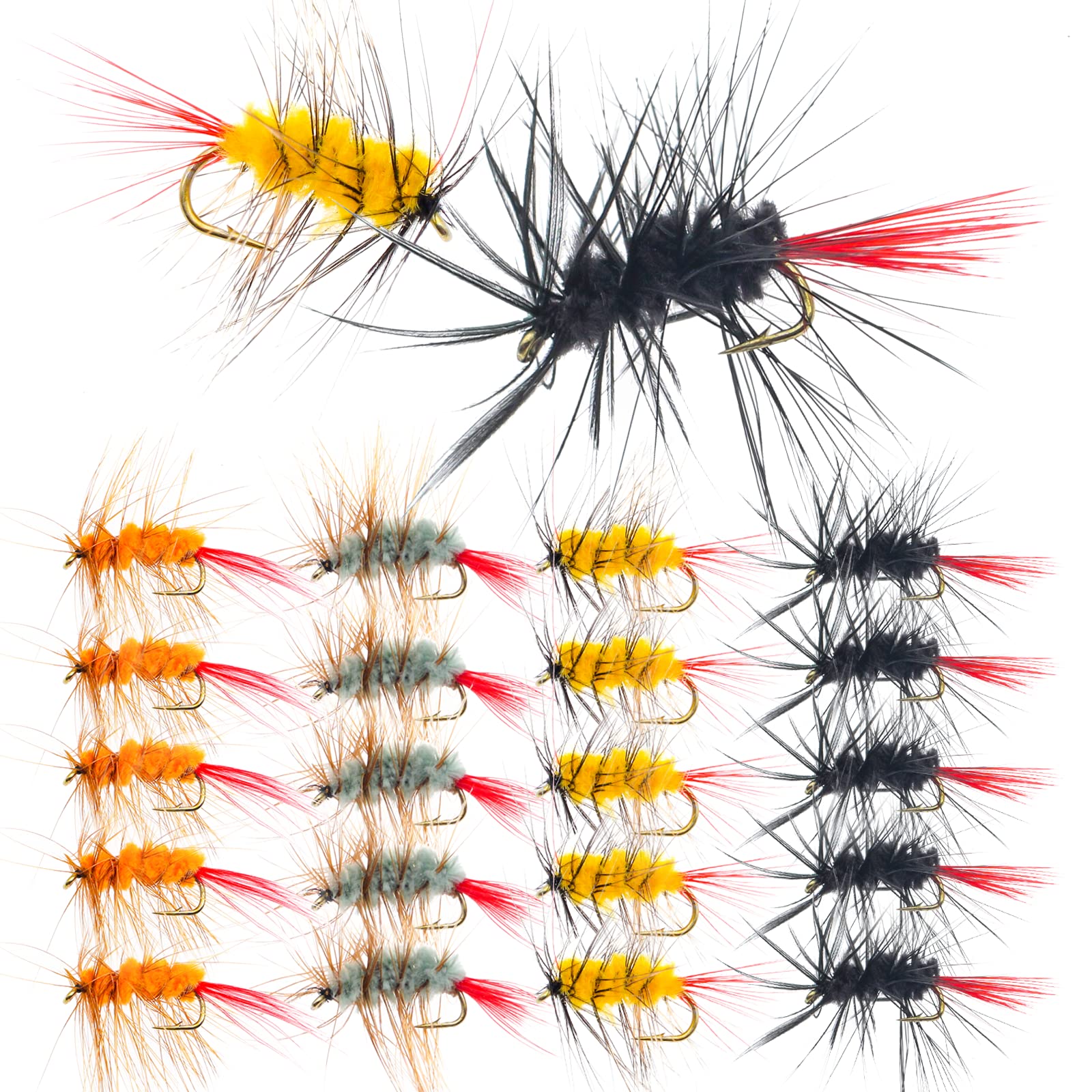 FishingPepo 20pcs dry fly set laid out in four colors