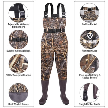 Fishingsir chest waders boot-attachment shows secure waterproof boot integration.