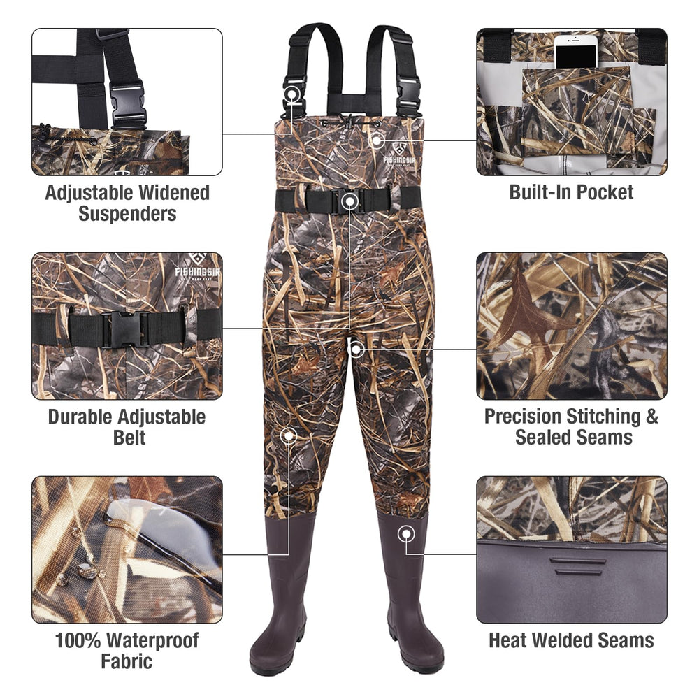 Fishingsir chest waders boot-attachment shows secure waterproof boot integration.