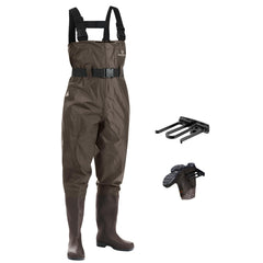 FISHINGSIR chest waders front view with adjustable suspender system for a secure fit.