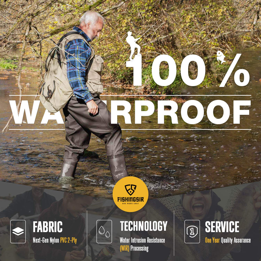FISHINGSIR two-ply nylon-PVC waders with D-rings for accessories on-the-go.