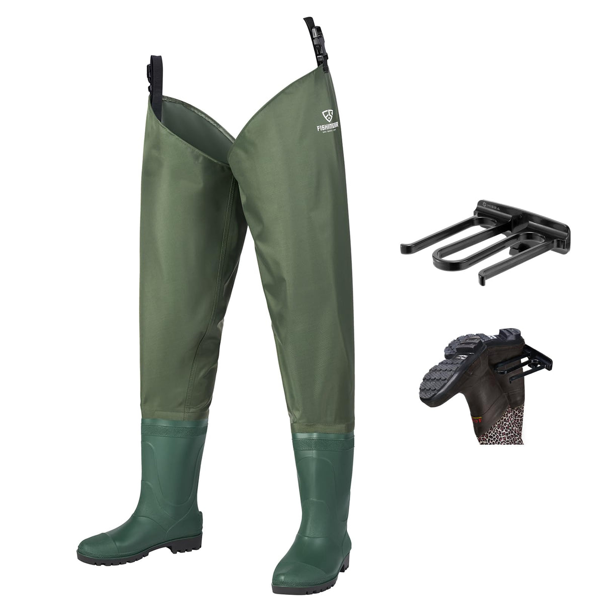 Fishingsir hip waders cleated sole for stable footing on slick riverbeds.