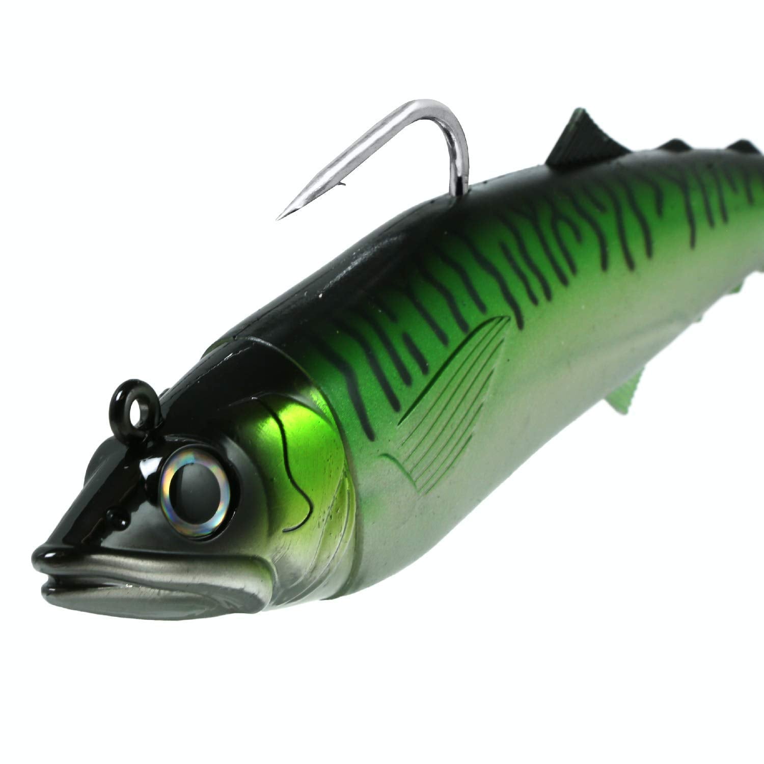 FishLab Mack Attack Soft Swimbait 8in in green mackerel showing side view for slow-troll or cast-and-retrieve.