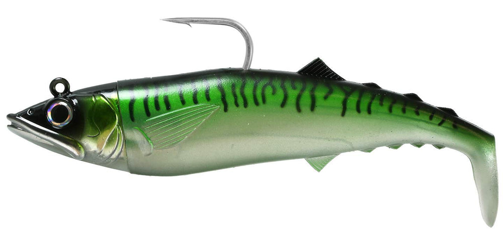 FishLab Mack Attack Soft Swimbait 8in in green mackerel with powerful tail kick for deep-water jigging.