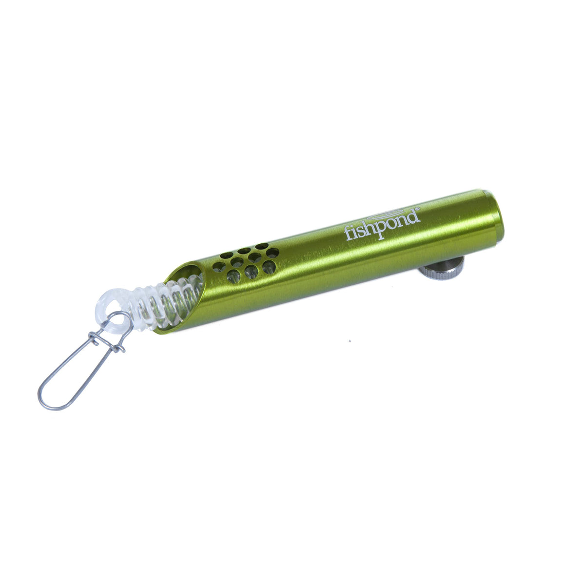 Fishpond 360 Degree Swivel Retractor in Lichen attached to vest