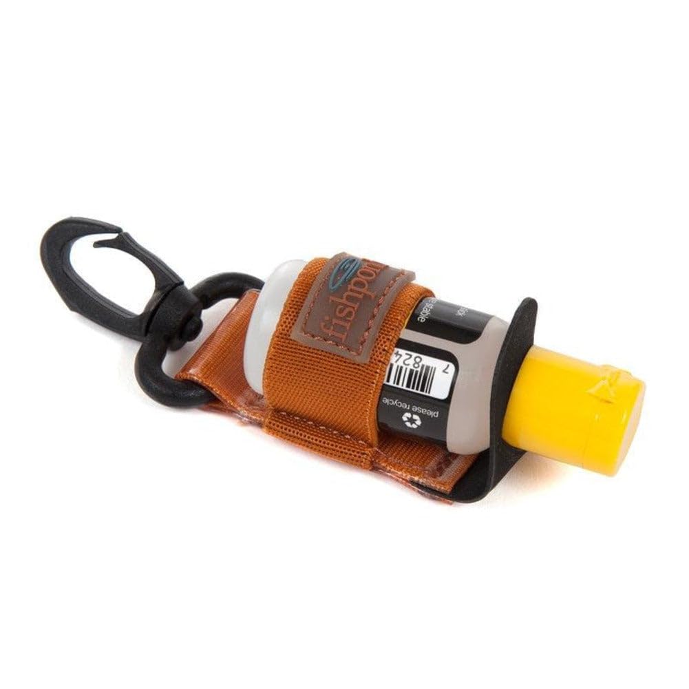 Fishpond Floatant Bottle Holder attached to vest by D-ring for secure, ready access.