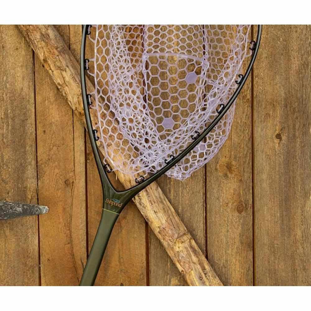 Fishpond Nomad boat net with rubber bag, sturdy and buoyant for safe deck retrieval.