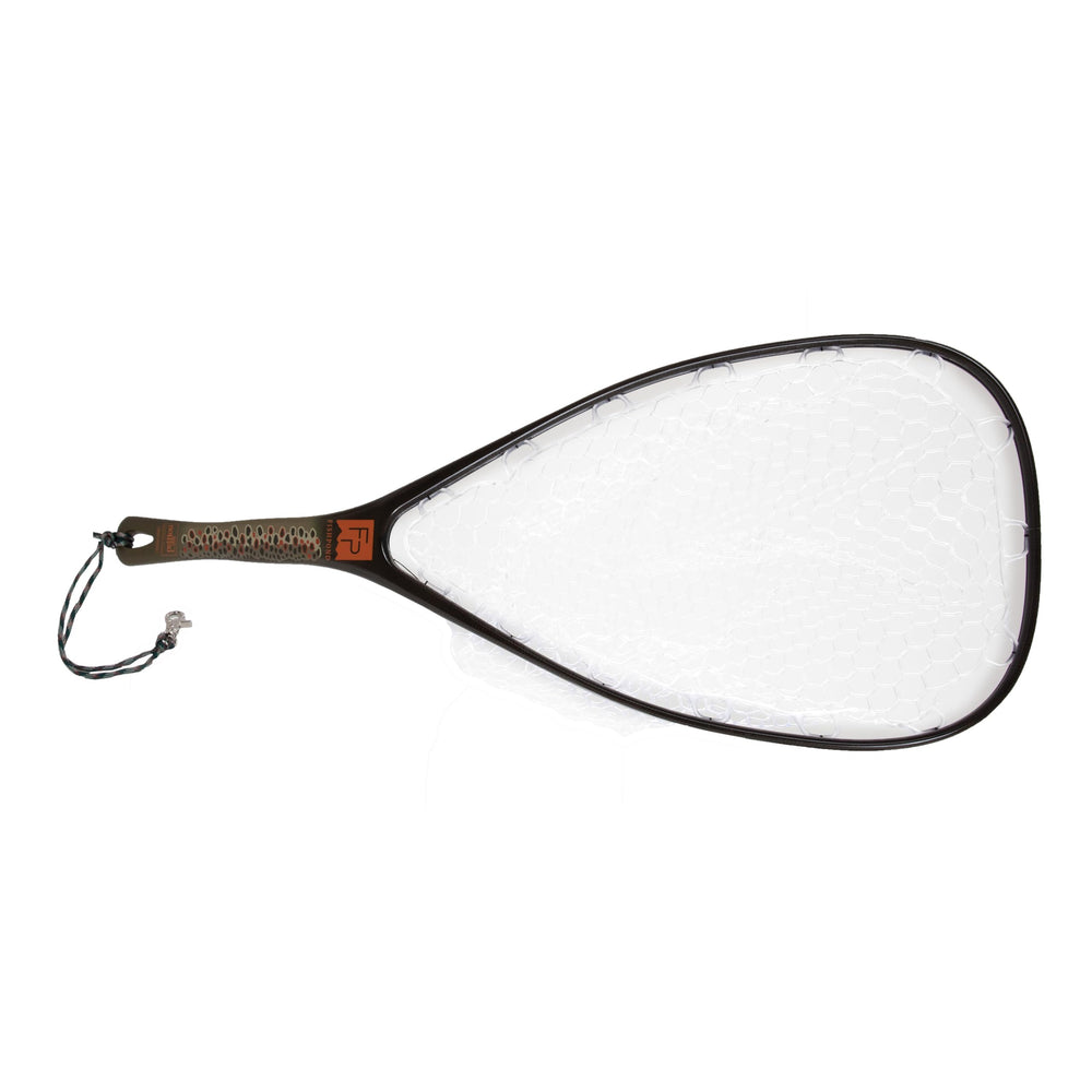 Fishpond Nomad Yampa Hand Net for Brown Trout with carbon fiber and fiberglass construction; waterproof, buoyant, compact, and includes ruler markings on the handle.