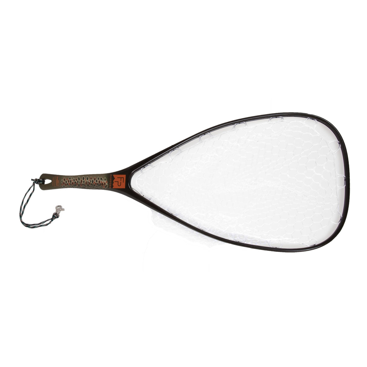 Fishpond Nomad Yampa Hand Net for Brown Trout with carbon fiber and fiberglass construction; waterproof, buoyant, compact, and includes ruler markings on the handle.