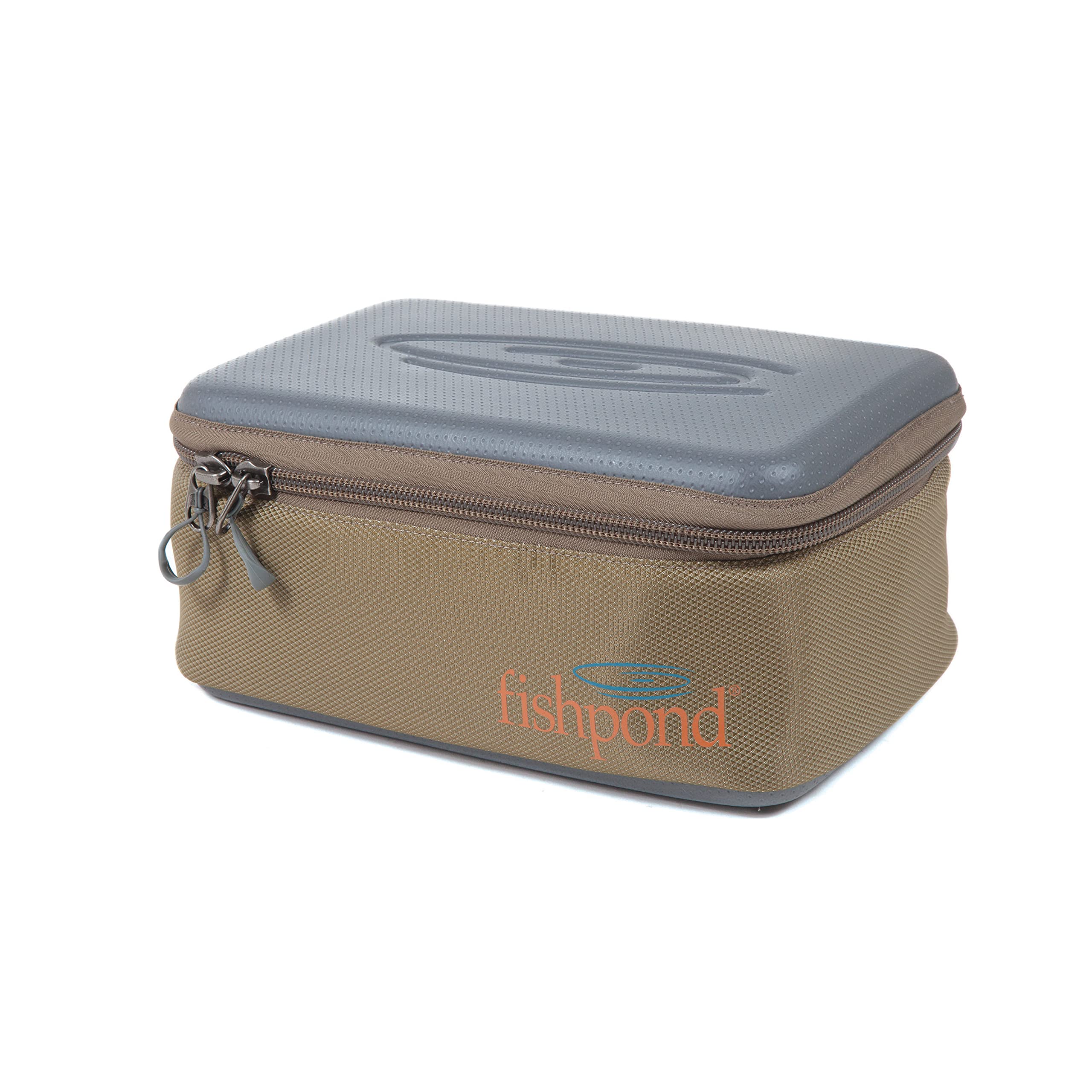 fishpond Ripple Reel Case side view in saddle brown, rugged bottom protection
