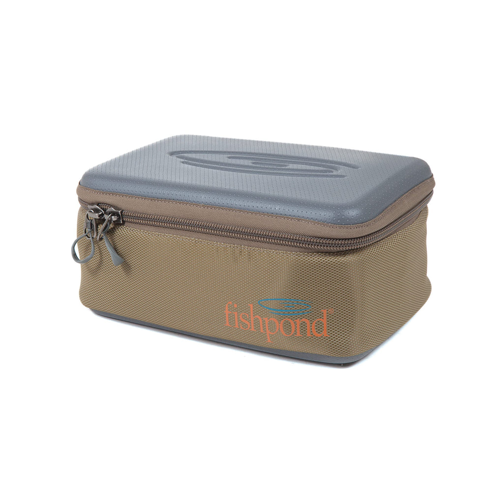 fishpond Ripple Reel Case side view in saddle brown, rugged bottom protection