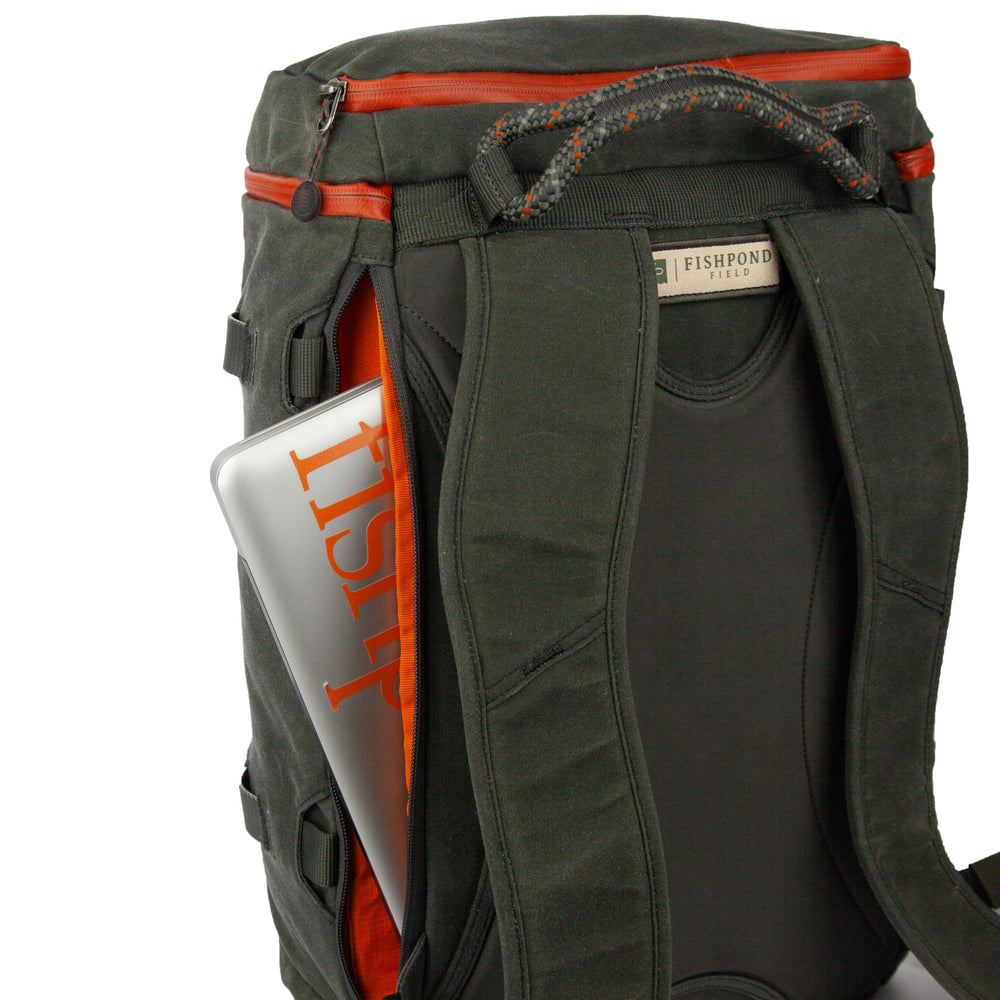 Fishpond River Bank Backpack Duskwood buckle detail emphasizes sturdy aluminum hardware