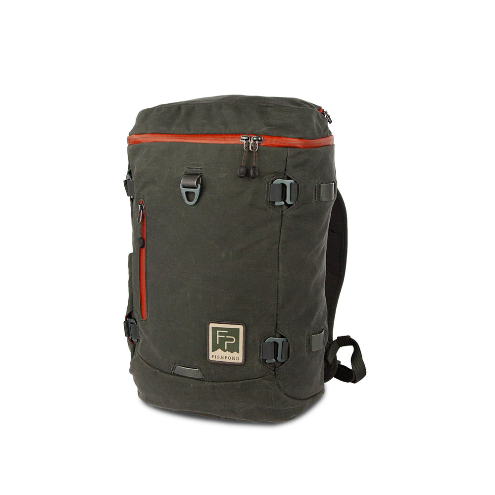 Fishpond River Bank Backpack Duskwood front view shows durable waxed cotton for all-weather use