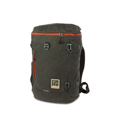Fishpond River Bank Backpack Duskwood front view shows durable waxed cotton for all-weather use