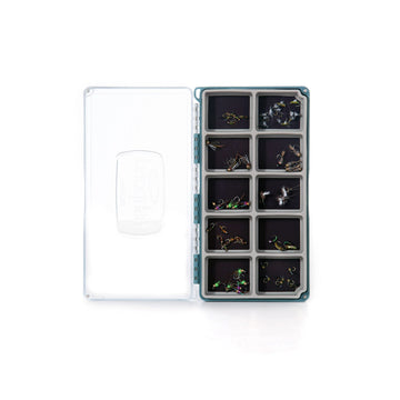 Original RiverMag Baja Blue fly box with clear lid and latchless magnetic closure