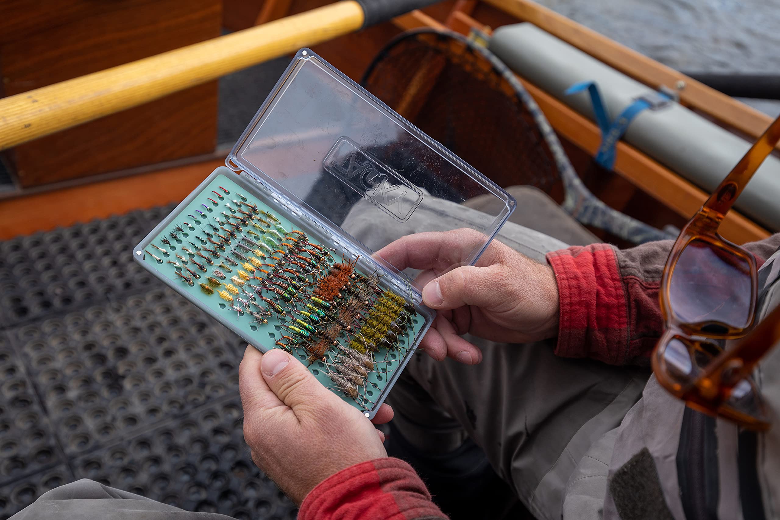Fishpond Tacky Original Fly Box keeps flies organized with clear visibility.