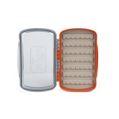Fishpond Tacky Pescador fly box front view highlights compact, rugged design with waterproof protection for flies.