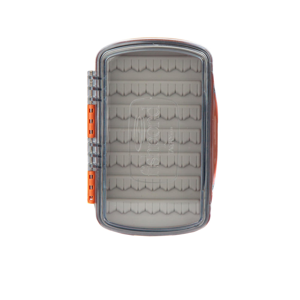Fishpond Tacky Pescador fly box lid open shows clear lid and silicone anchoring for secure fly storage.
