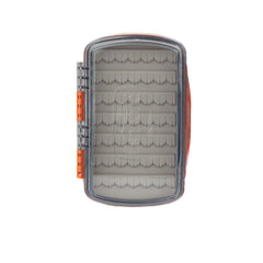 Fishpond Tacky Pescador fly box lid open shows clear lid and silicone anchoring for secure fly storage.