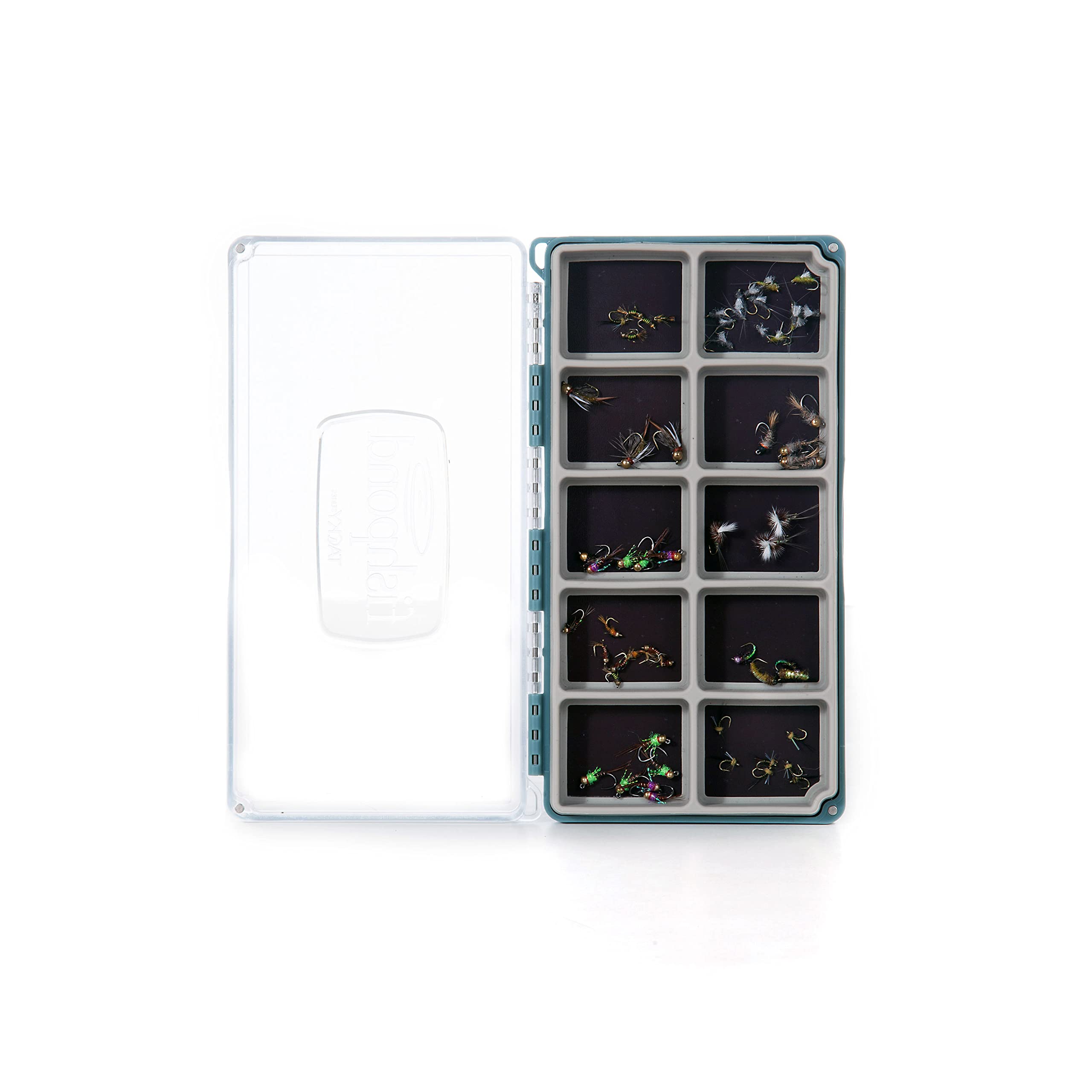 Inside view of RiverMag Baja Blue Tacky Fly Box showing 10 compartments