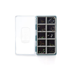 Inside view of RiverMag Baja Blue Tacky Fly Box showing 10 compartments