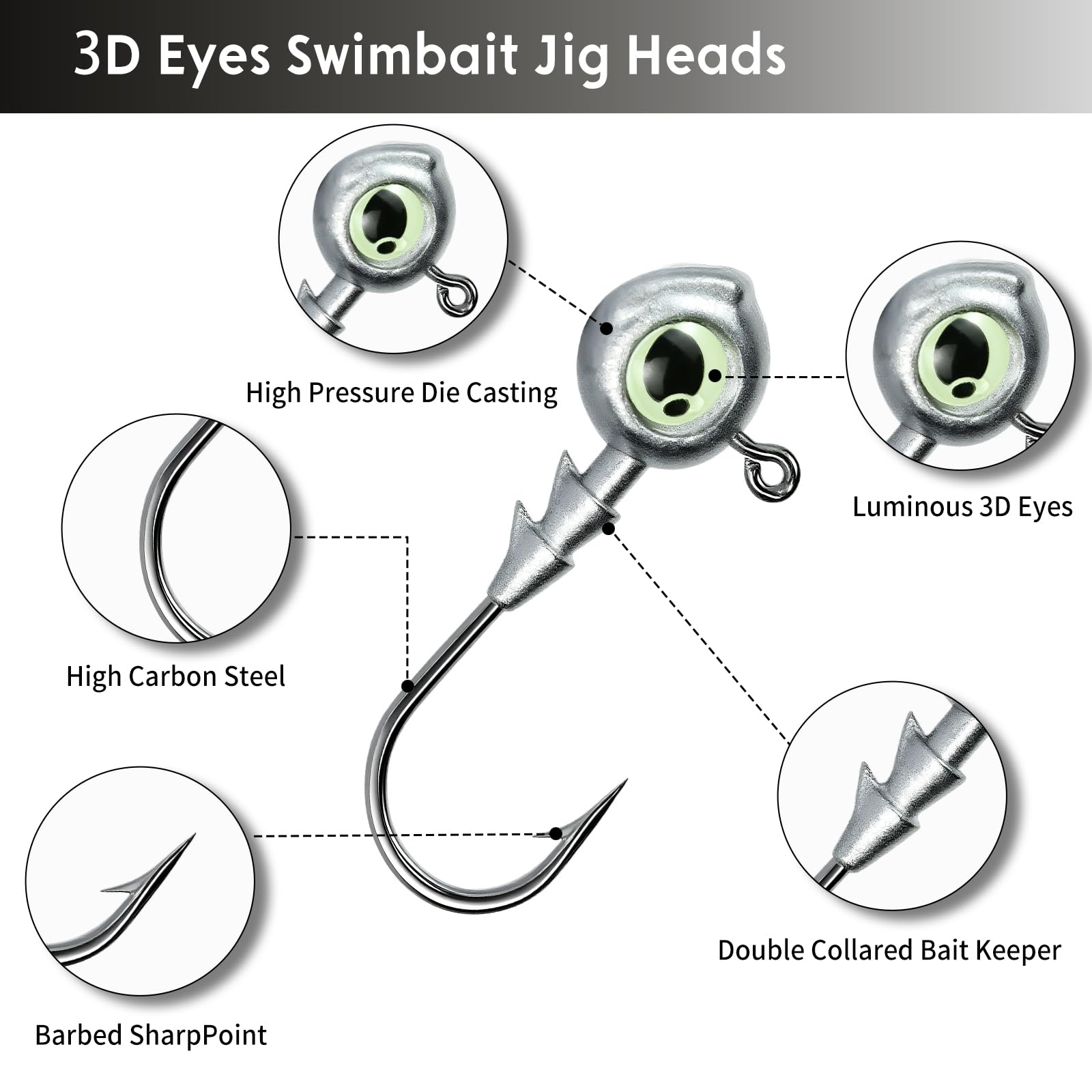 FishTrip jig heads in 3/16 oz size with 3D eyes