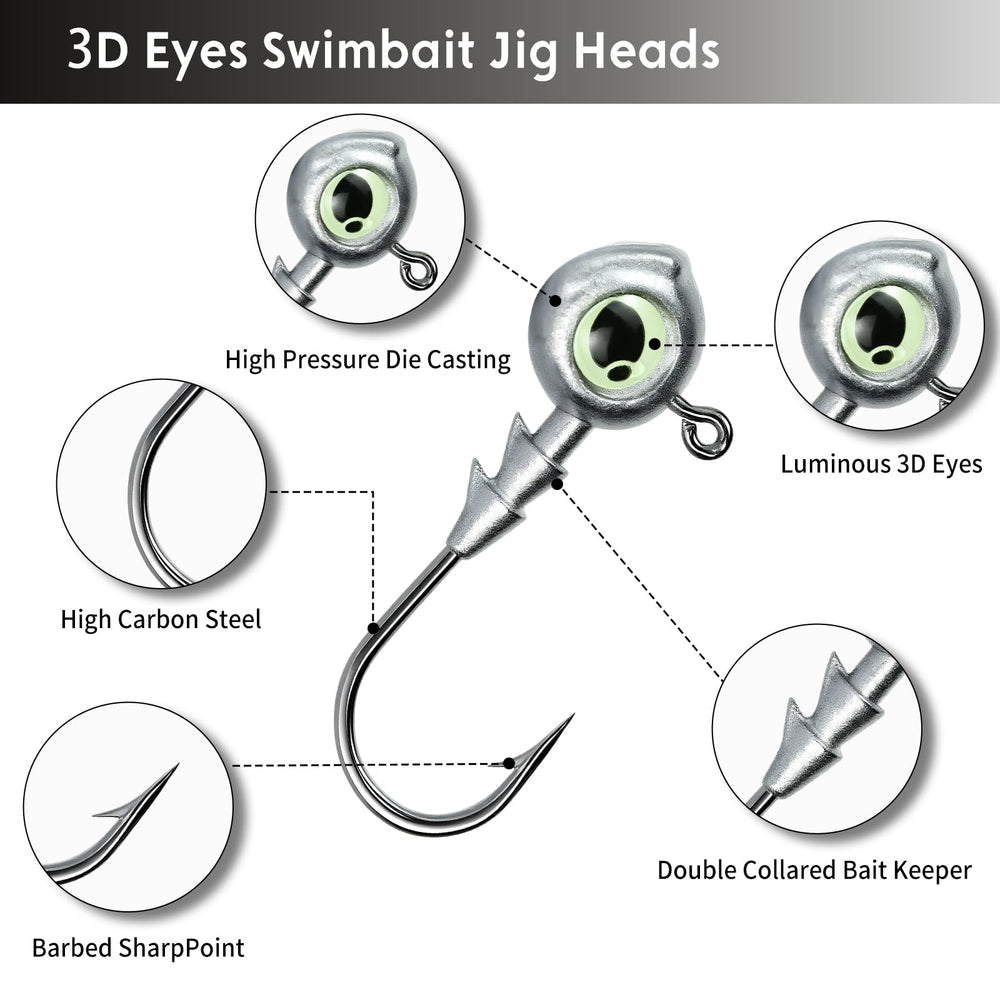 FishTrip jig heads in 3/16 oz size with 3D eyes