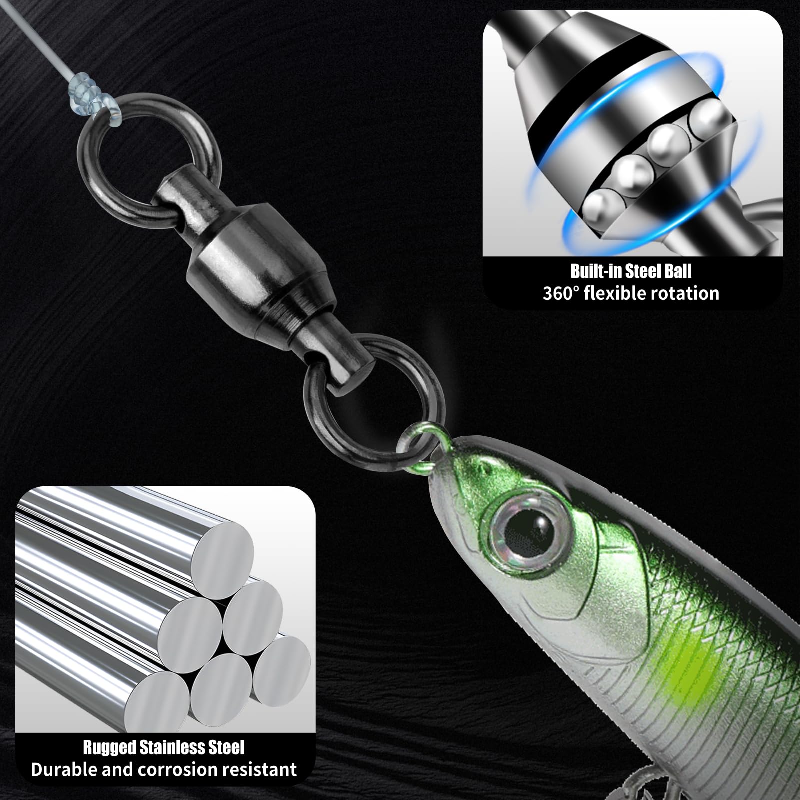 FishTrip swivels with black chrome plating resist corrosion in saltwater environments