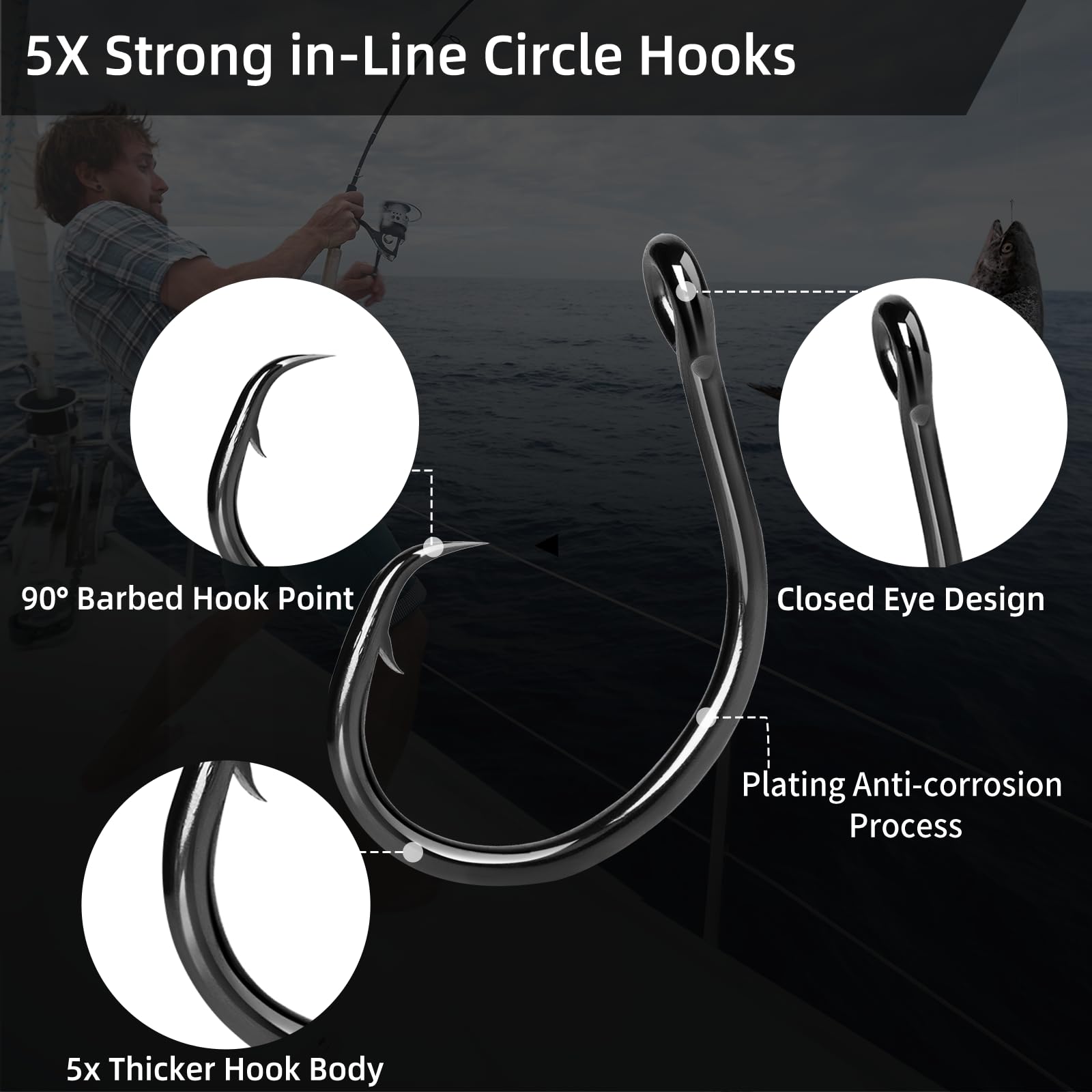 FishTrip circle hooks close-up point highlights sharpness for secure lip hookups