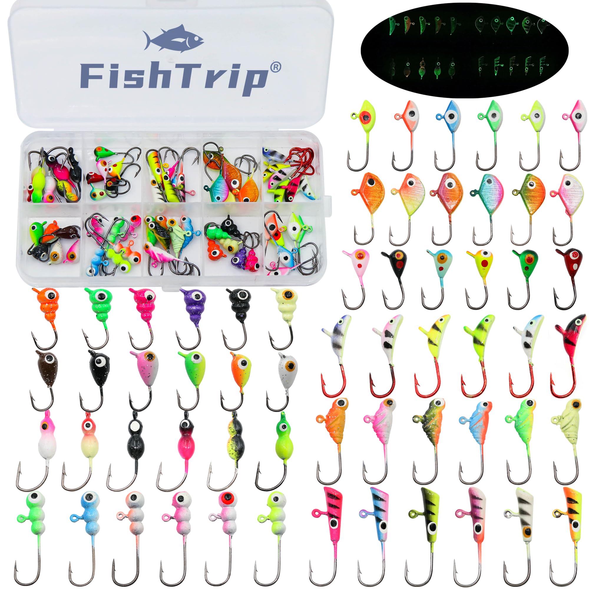FishTrip ice fishing jigs kit with 60 pieces for versatile winter jigging