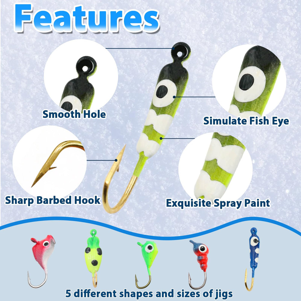 Five jig shapes and colors with reflective baitfish images