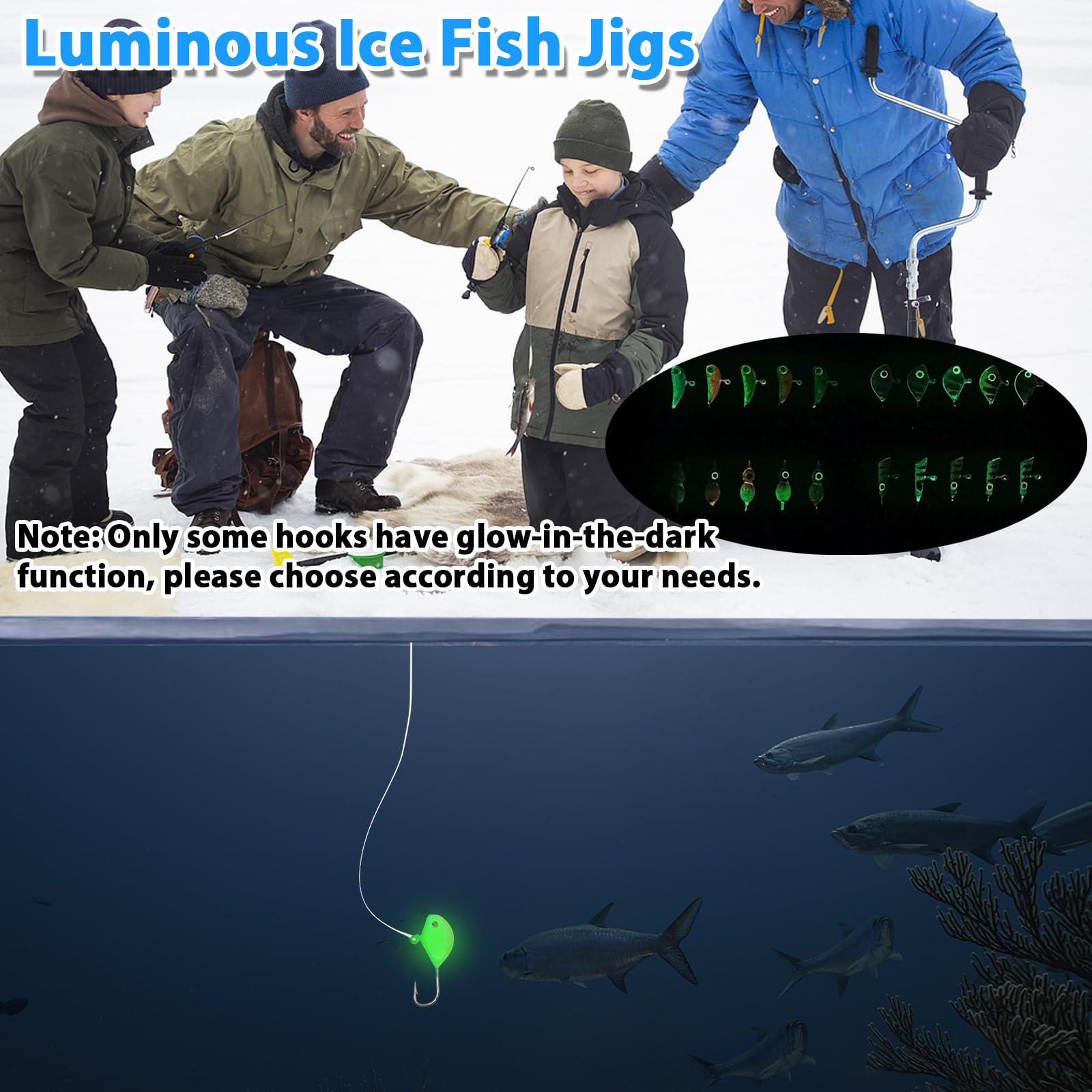 Jigs with glow-in-the-dark heads on select hooks