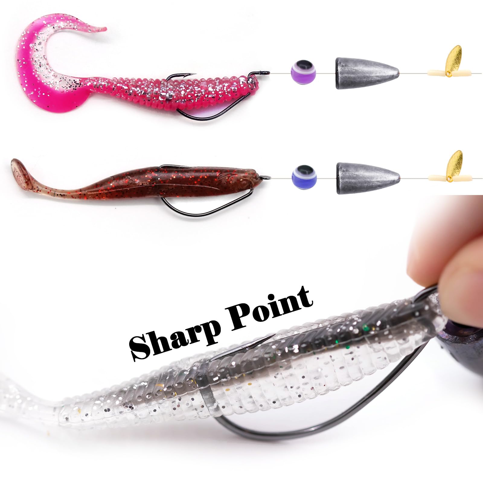 Texas rig used in freshwater bass fishing near weeds and rocky areas