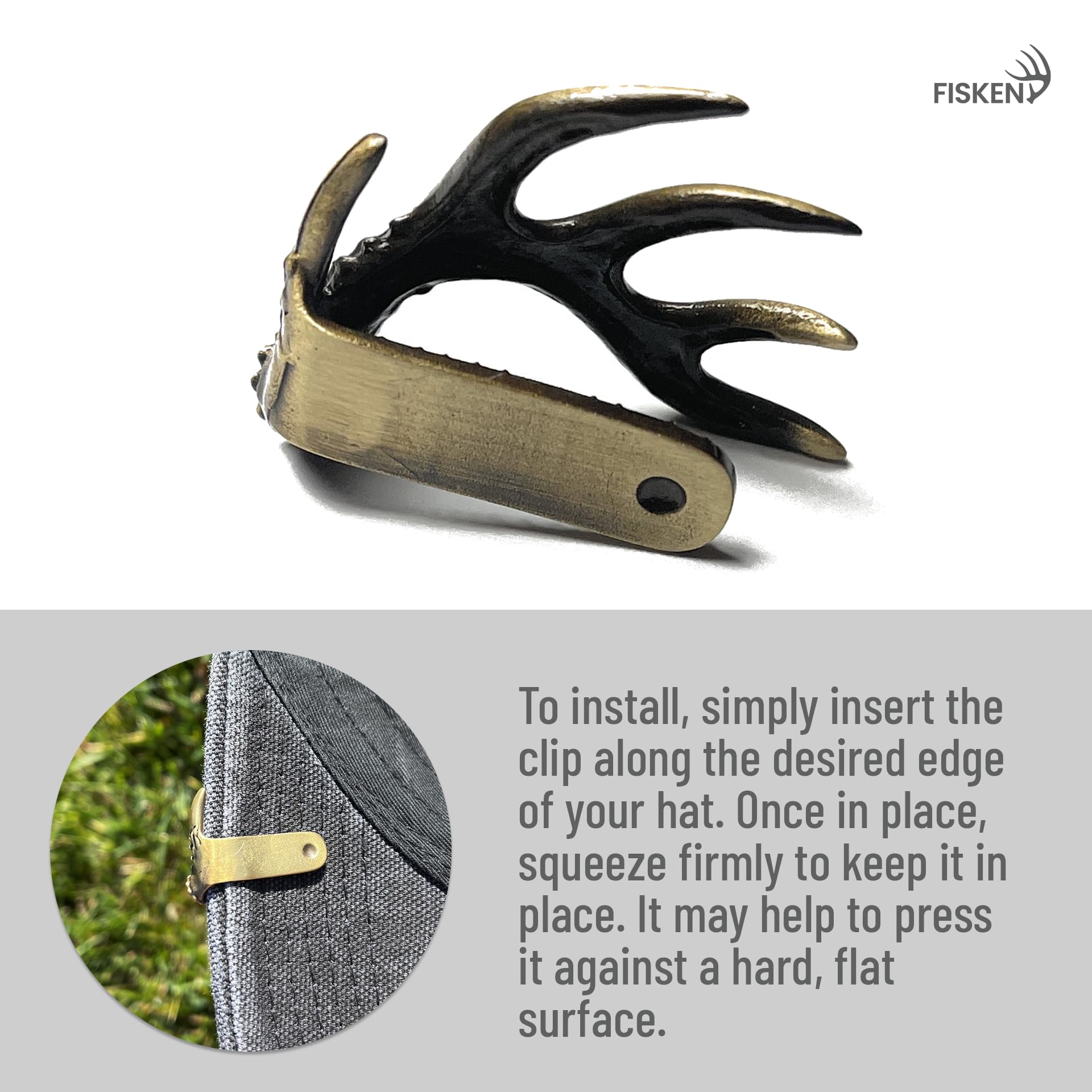 Brass hat clip squeezed onto hat brim for secure fit