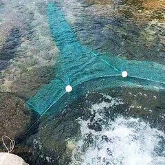 Side view showing folding crab cage with floats