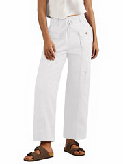 Fisoew Women's Cargo Pants fabric close-up shows 100% cotton softness for all-day comfort.