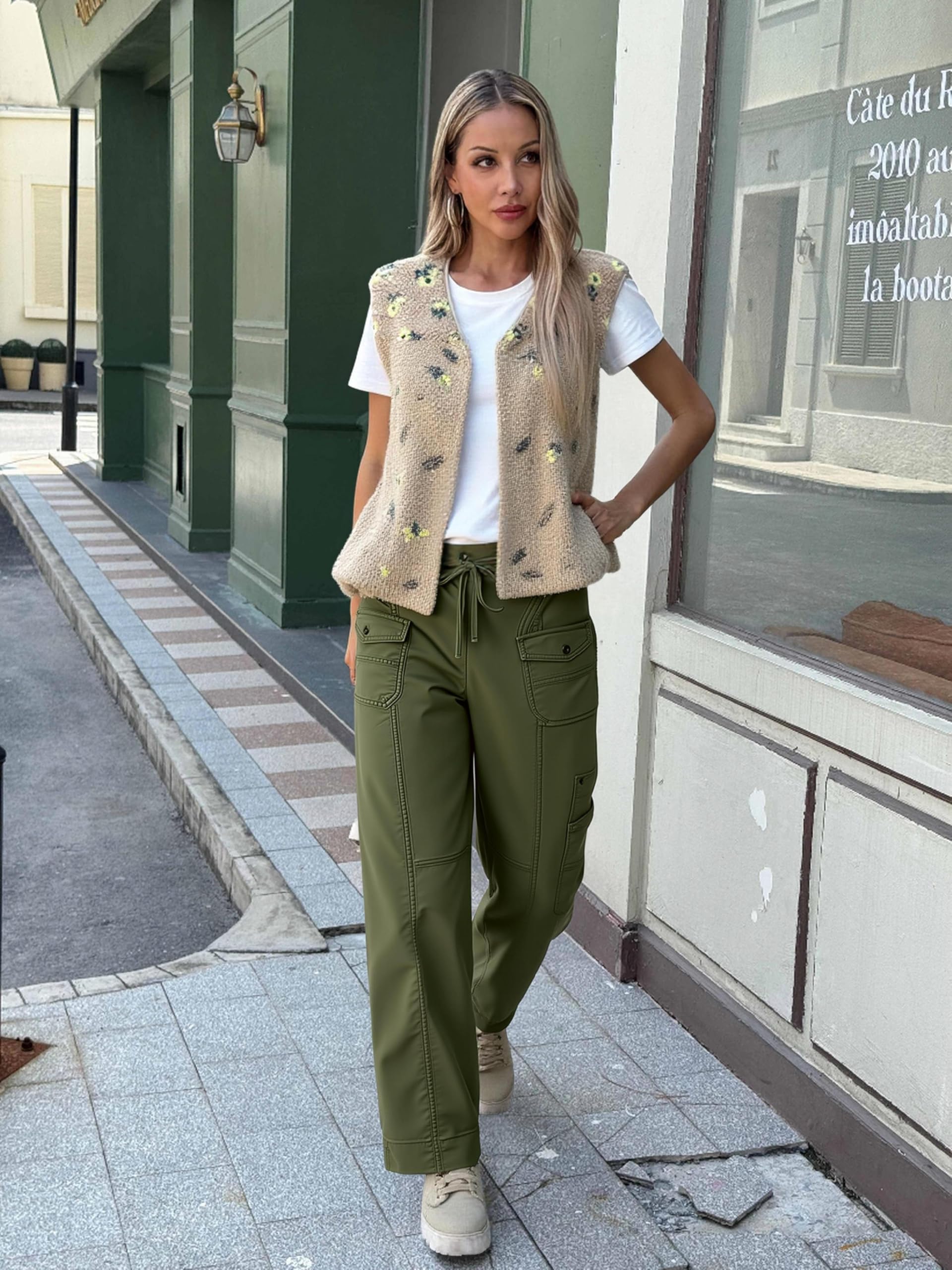 Fisoew women's cargo pants machine-wash cold for easy at-home care.