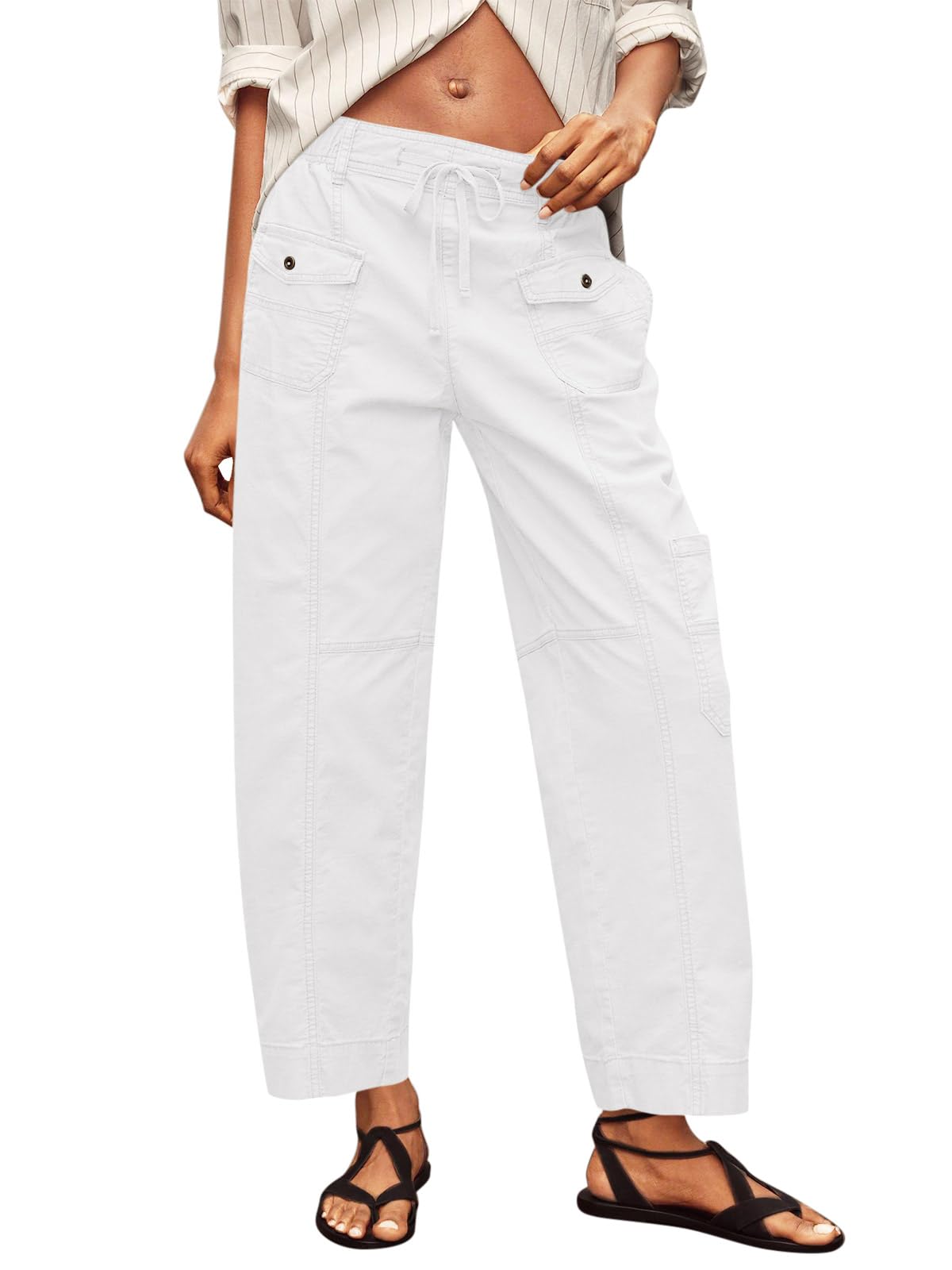 Fisoew Women's Cargo Pants drawstring waist detail enables adjustable, secure fit.
