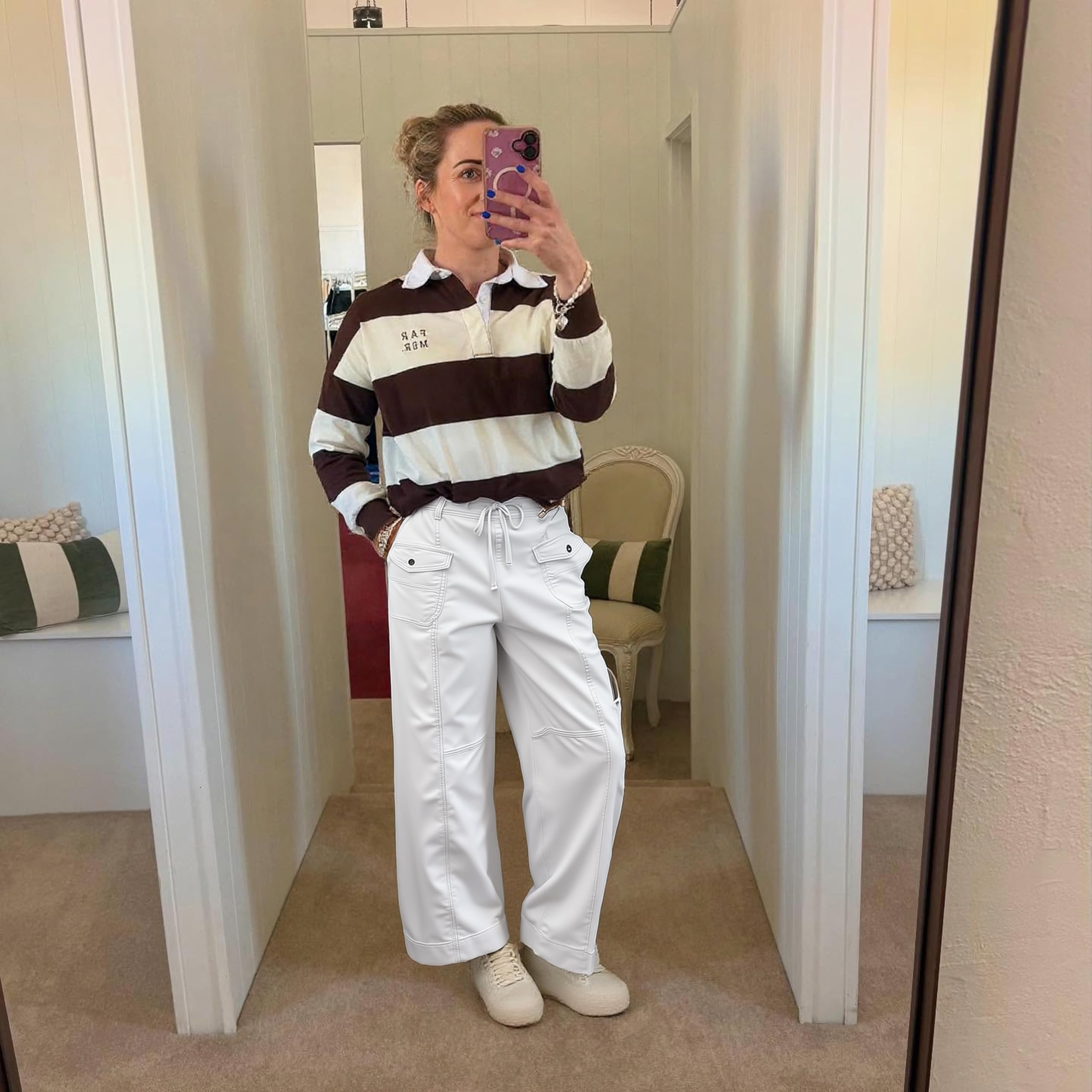 Fisoew Women's Cargo Pants white color detail offers versatile outfits.
